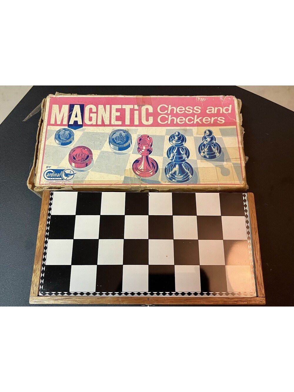 Vintage 1960’s Cardinal Magnetic Chess Checkers Game Black White Board Box